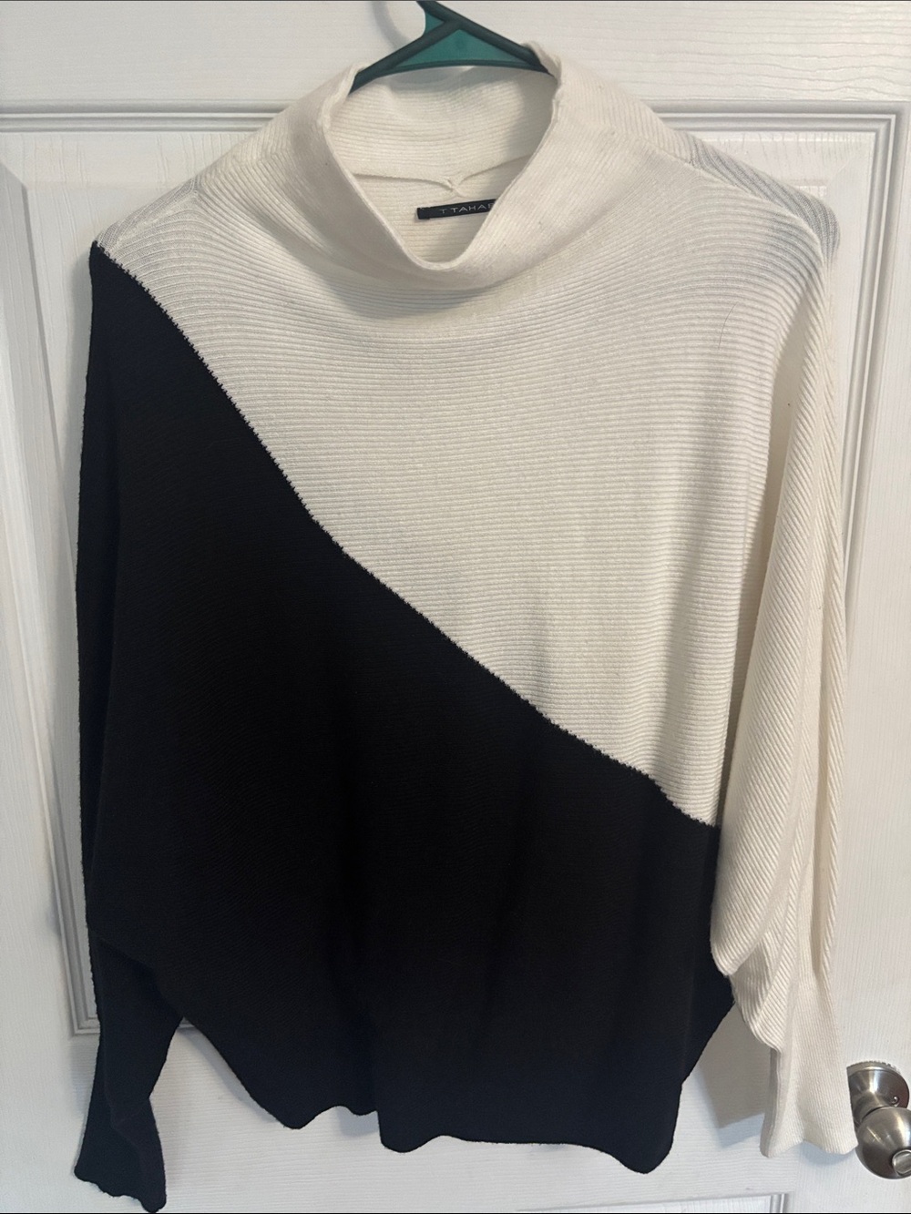 T Tahari Black and White Diagonal Colorblock Cowl Neck Sweater